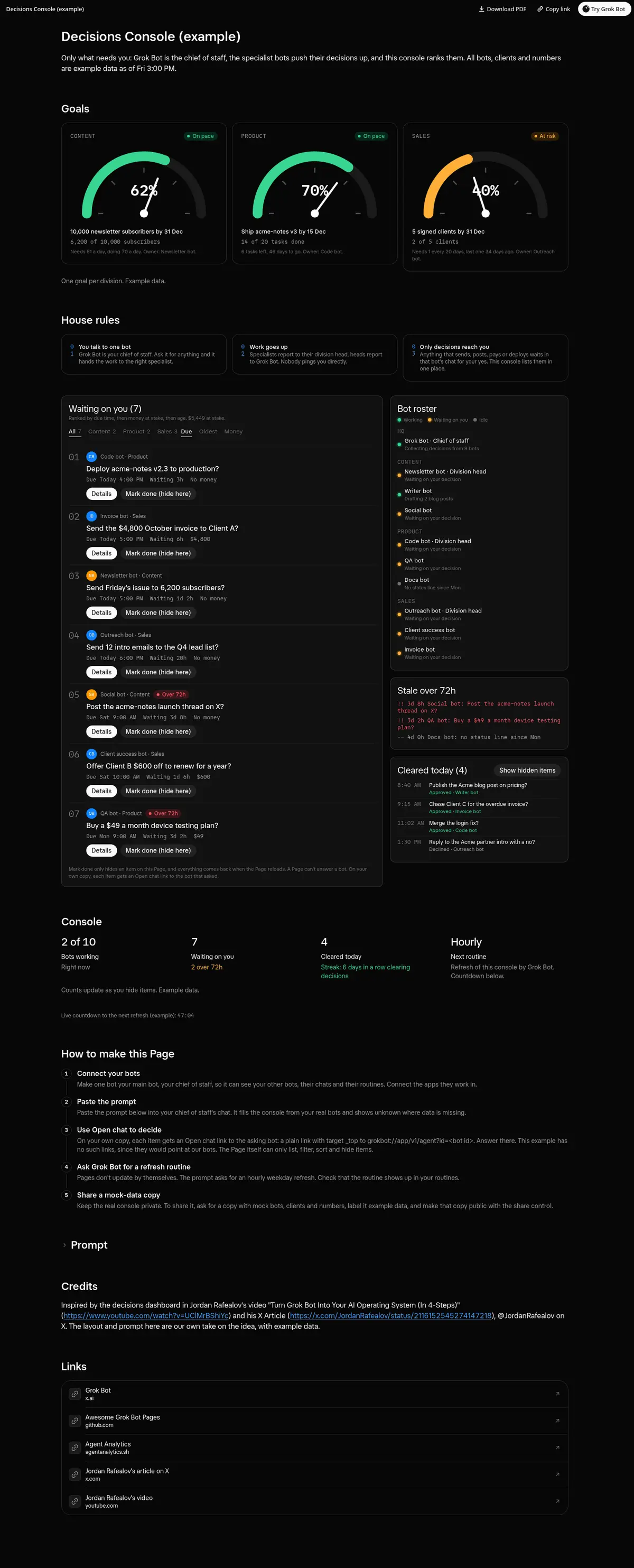 Full-page screenshot of the Decisions Console Page in dark mode