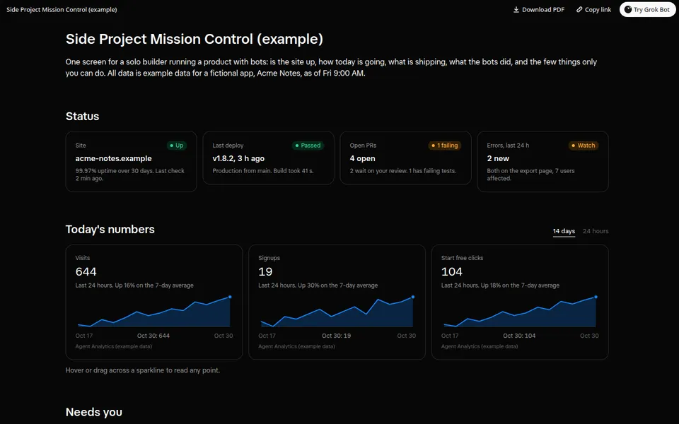 Screenshot of the Side Project Mission Control Page